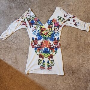 Colorful Floral Half Sleeve Open Shoulder Body Con Shirt